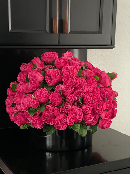 Dark Pink English Roses in Black Glass Plate Vase