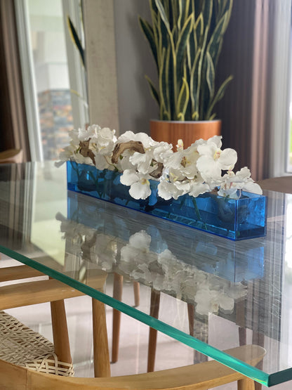 36″ Casa Moderna Blue Acrylic Planter with Vanda Orchids and Driftwood