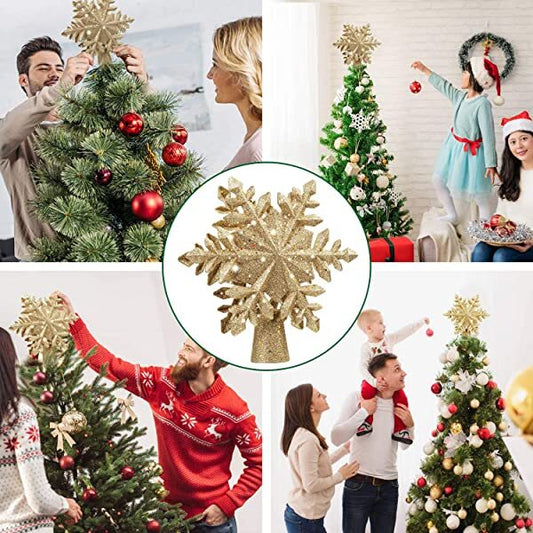 Christmas-Christmas tree topper lighted with golden snowflake projector led rotating magic snowflake 3d hollow glitter lighted gold snow tree topper for Christmas tree decorations