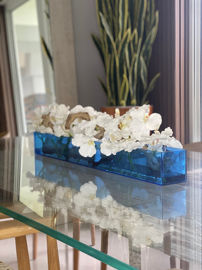 36″ Casa Moderna Blue Acrylic Planter with Vanda Orchids and Driftwood