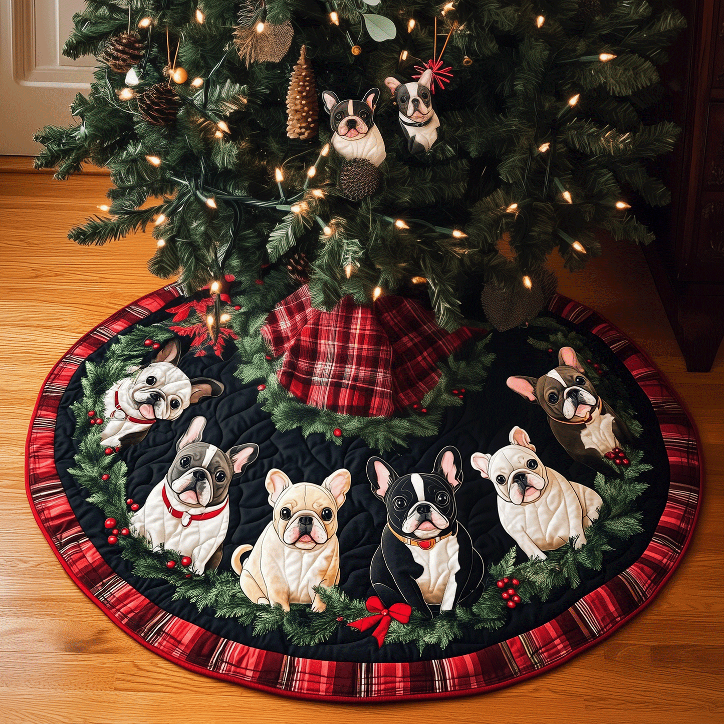 Festive Frenchies Quilted Christmas Tree Skirt NCU0TH1994