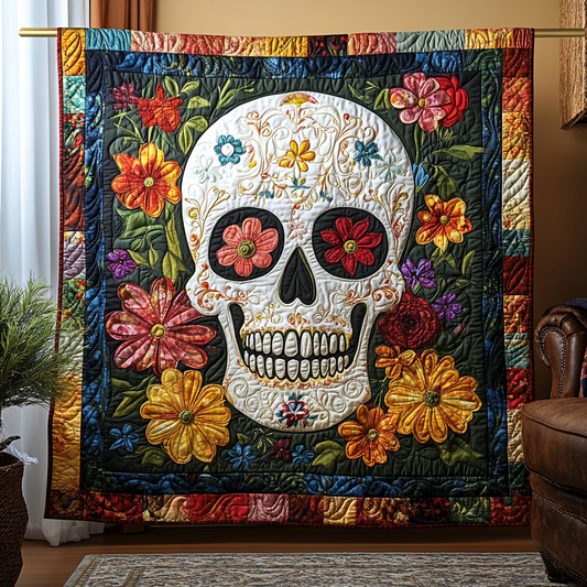 Festive Skull Flowers Quilted Blanket NCU0TL1895