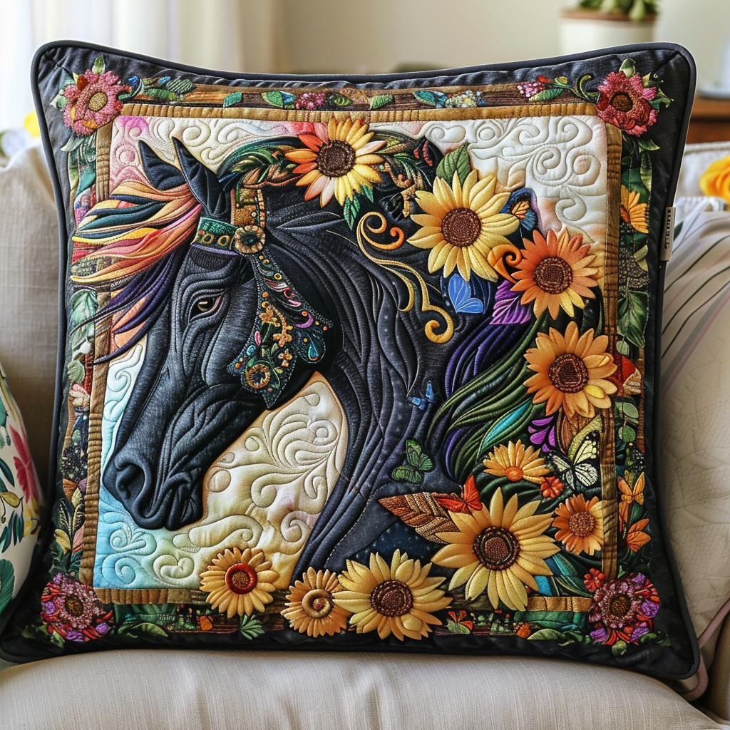 Floral Black Horse Quilted Pillow Case NCU0TL051