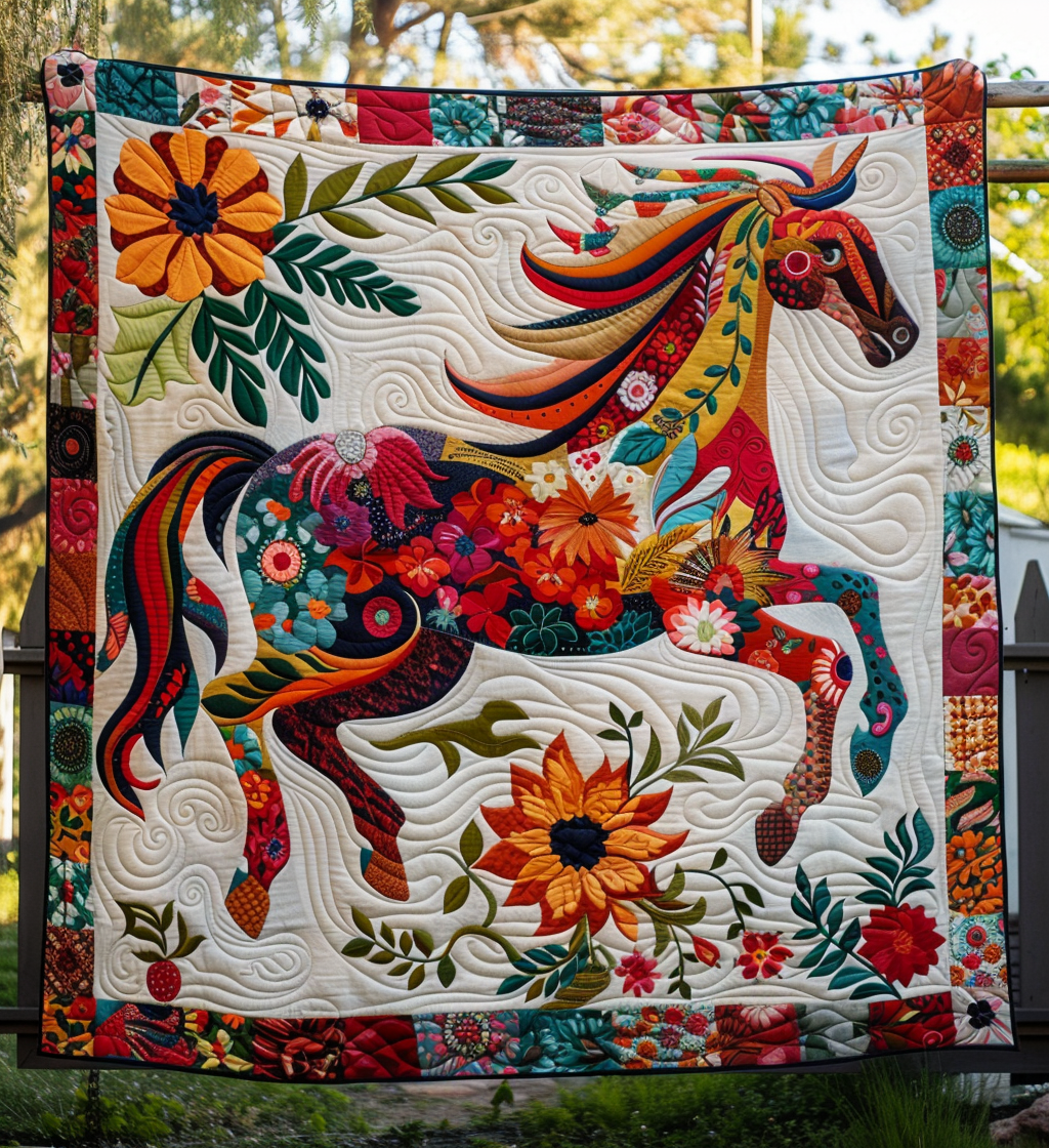 Manta acolchada con diseño de caballo y flores NCU0DV355