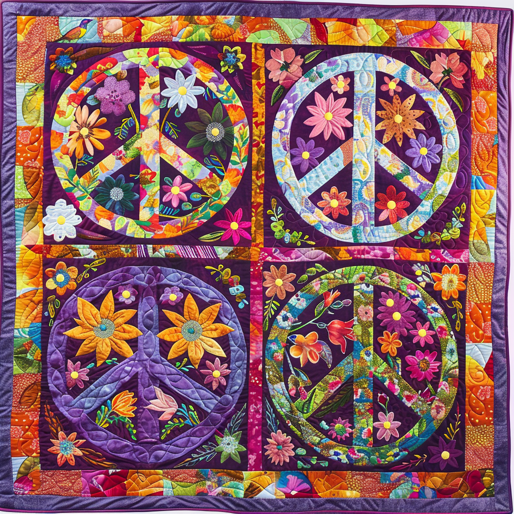 Floral Peace Signs Quilted Blanket NCU0TH366