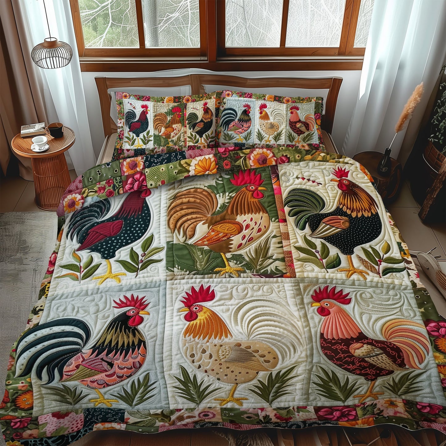 Floral Rooster 3-Piece Quilted Bedding Set NCU0TH892