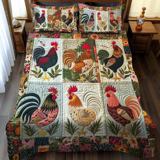 Floral Rooster 3-Piece Quilted Bedding Set NCU0TH892