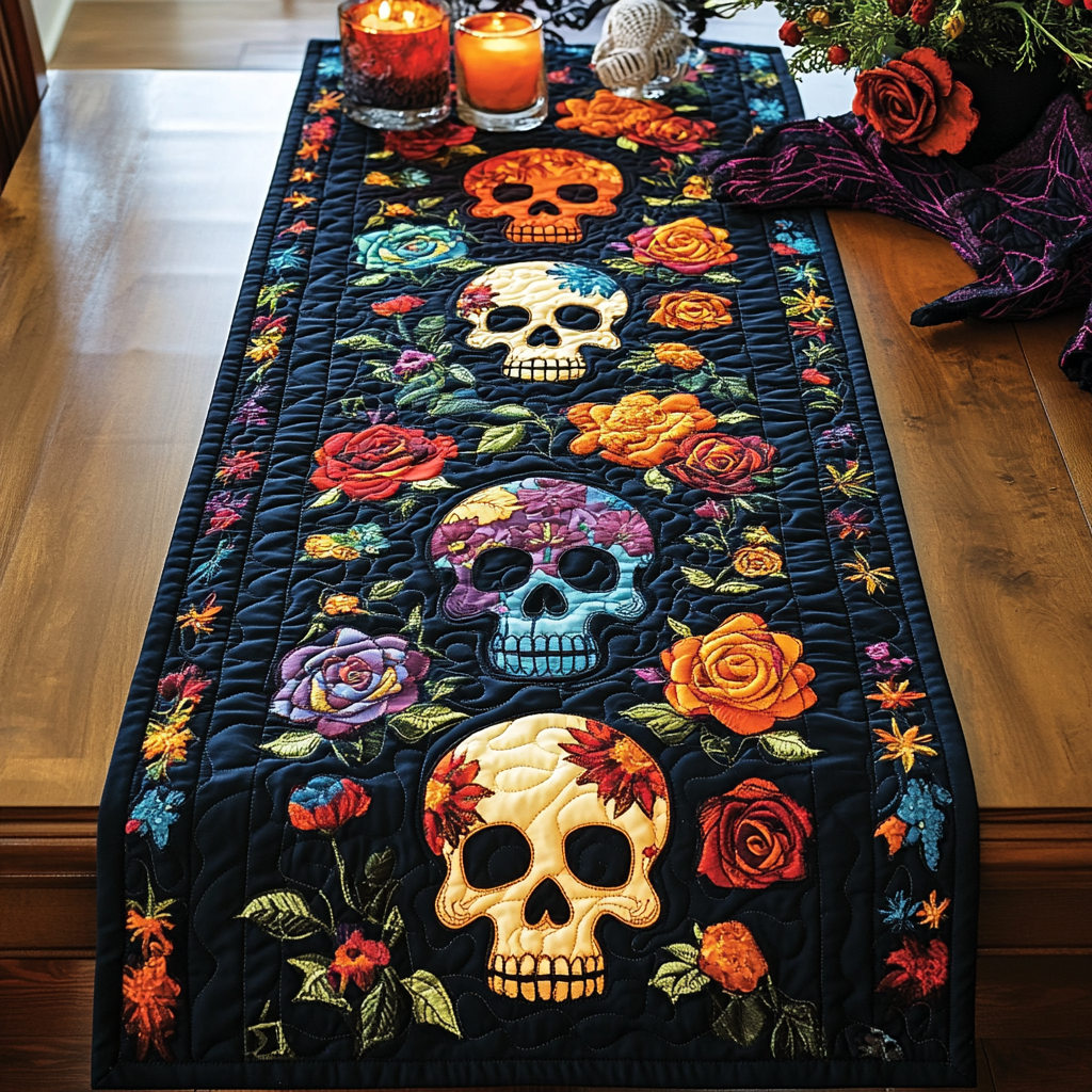 Floral Skull Quilted Table Runner NCU0DV460