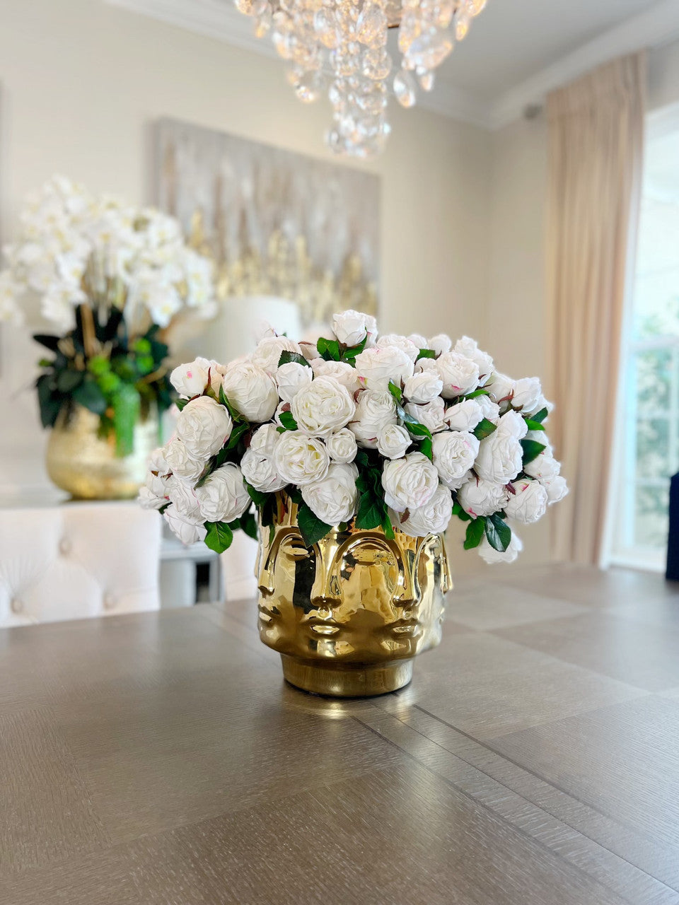 Large Polished Gold Visage Vase with White English Roses