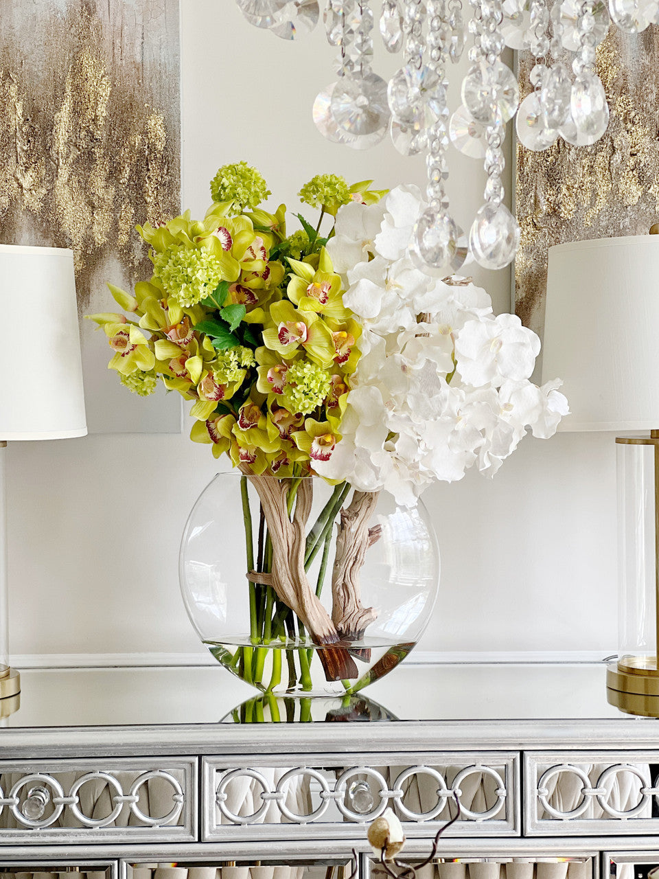 Moon Vase with White Vanda Orchids and Green Cymbidiums