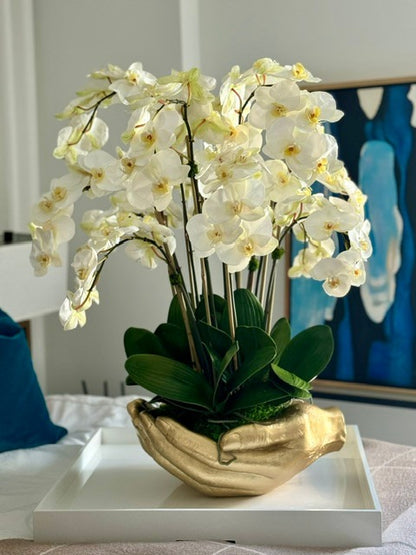 White Phalaenopsis  Orchids in  Gold Open Hands Sculpture Vase