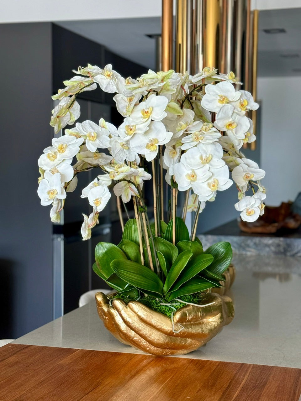 White Phalaenopsis  Orchids in  Gold Open Hands Sculpture Vase