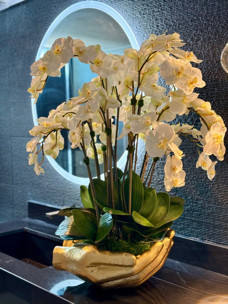 White Phalaenopsis  Orchids in  Gold Open Hands Sculpture Vase