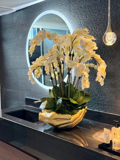 White Phalaenopsis  Orchids in  Gold Open Hands Sculpture Vase