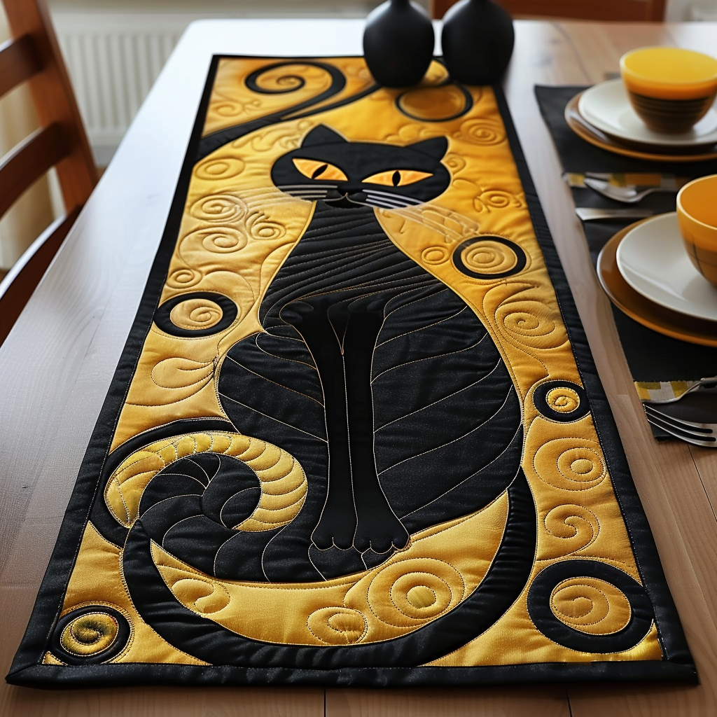 Golden Cat Grace Quilted Table Runner NCU0TH427