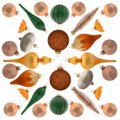 Natural 30-Piece Glass Ornament Set (Burnt-Orange, Green) Limited Edition