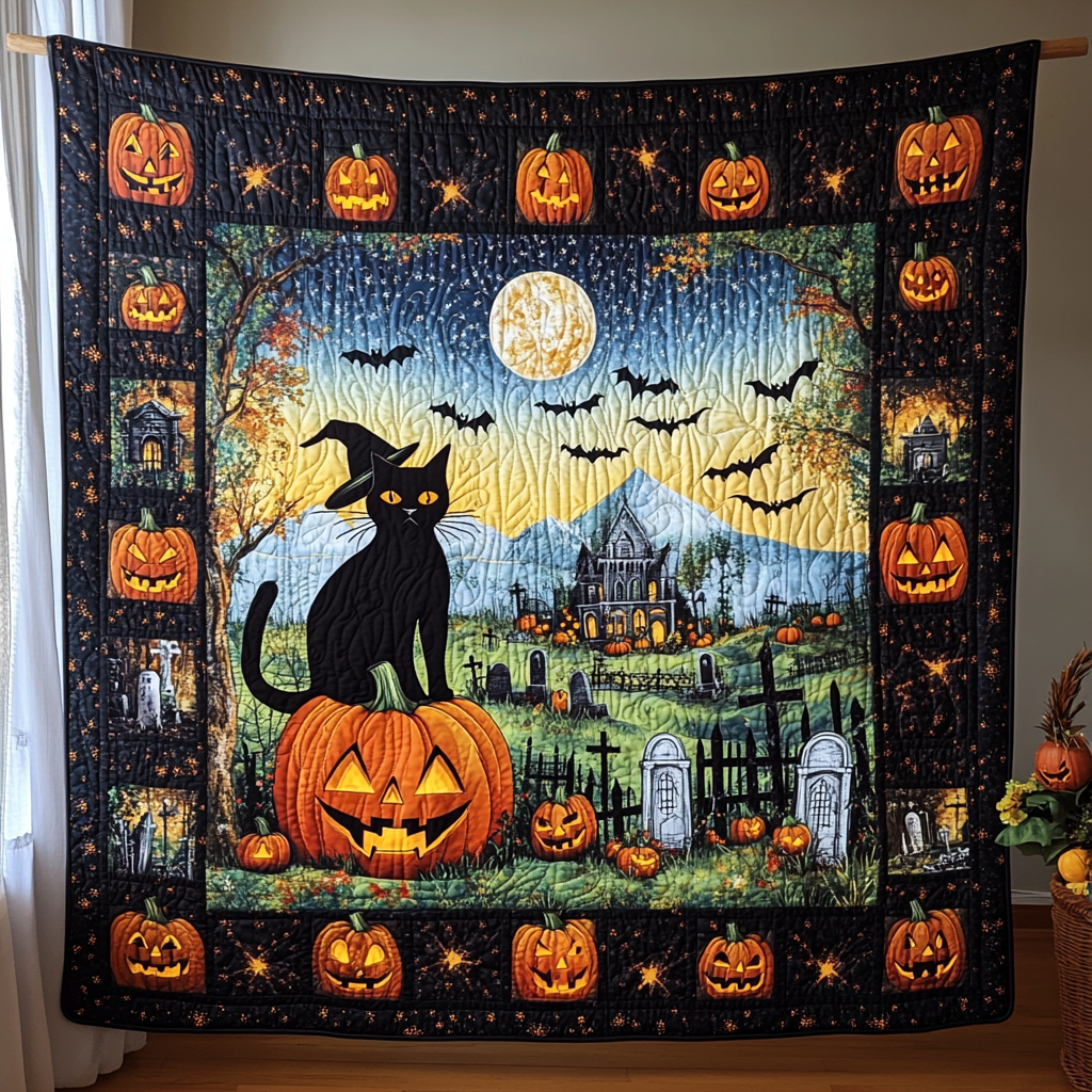 Halloween Black Cat Quilted Blanket NCU0PD602