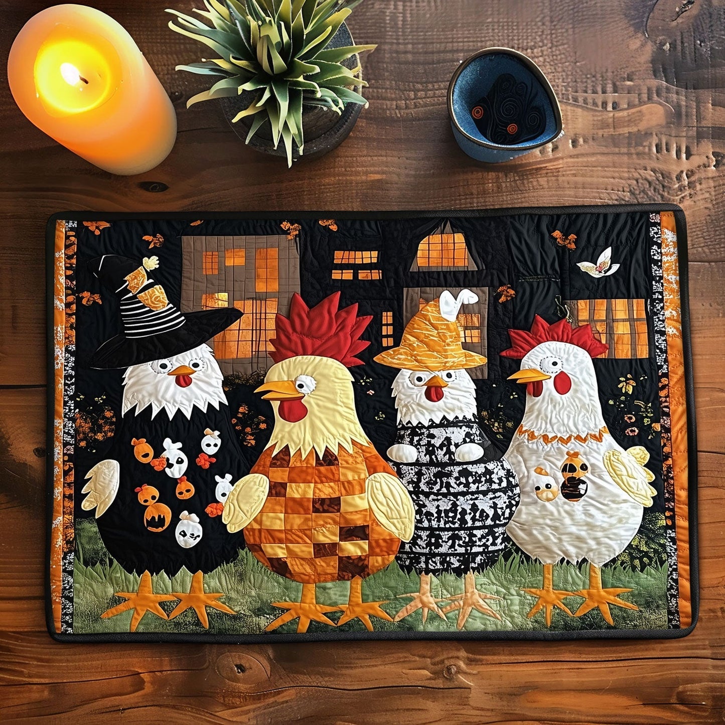 Mantel individual acolchado con diseño de gallinas de Halloween NCU0TL1272