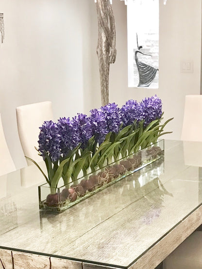 48″ Casa Moderna glass plate planter with blue hyacinths(Out of Stock)