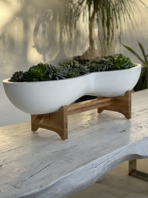 Infinity White Fiberglass Planter & Stand with Succulents