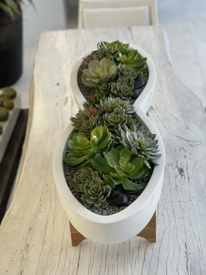 Infinity White Fiberglass Planter & Stand with Succulents