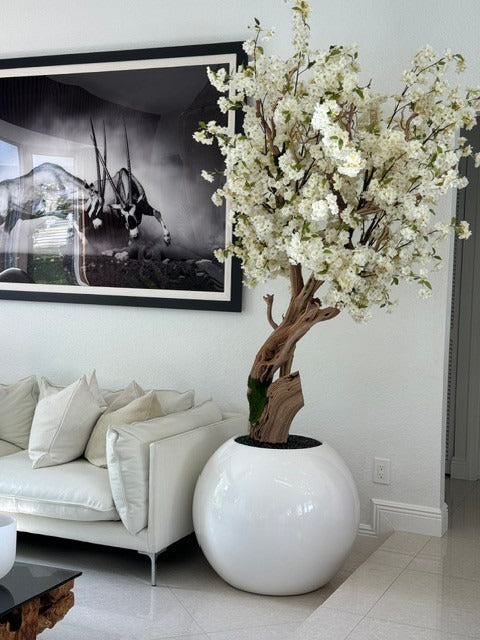 Glossy White Globe with Custom Made Cherry Blossom Tree