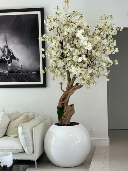 Glossy White Globe with Custom Made Cherry Blossom Tree