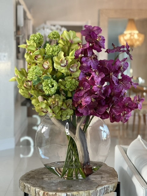 Moon Vase with Green Snowball Hydrangeas, Green Cymbidiums and  Fuchsia Vanda Orchids