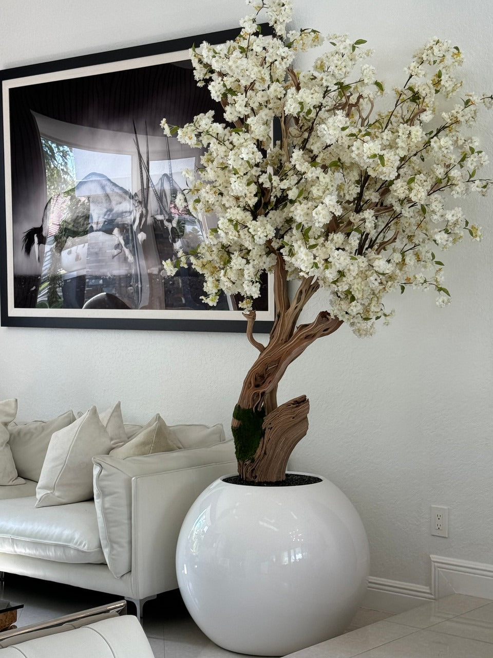 Glossy White Globe with Custom Made Cherry Blossom Tree