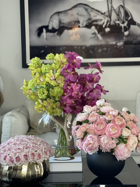 Moon Vase with Green Snowball Hydrangeas, Green Cymbidiums and  Fuchsia Vanda Orchids