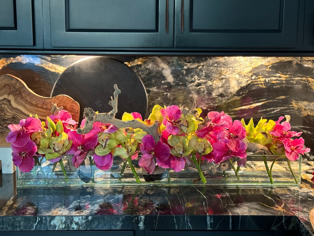 Casa Moderna Glass Planter With Pink Vandas And Green Cymbidiums