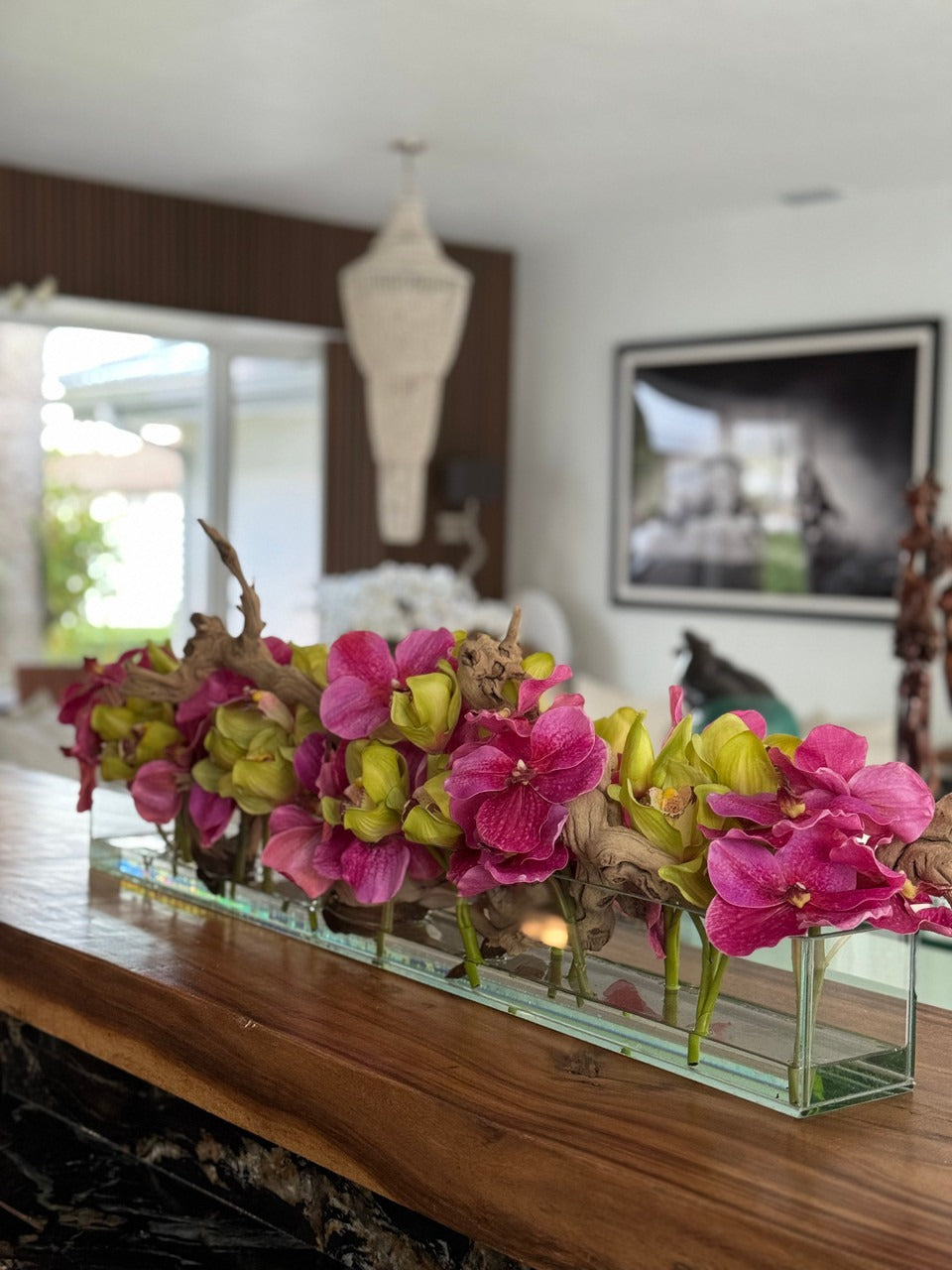 Casa Moderna Glass Planter With Pink Vandas And Green Cymbidiums