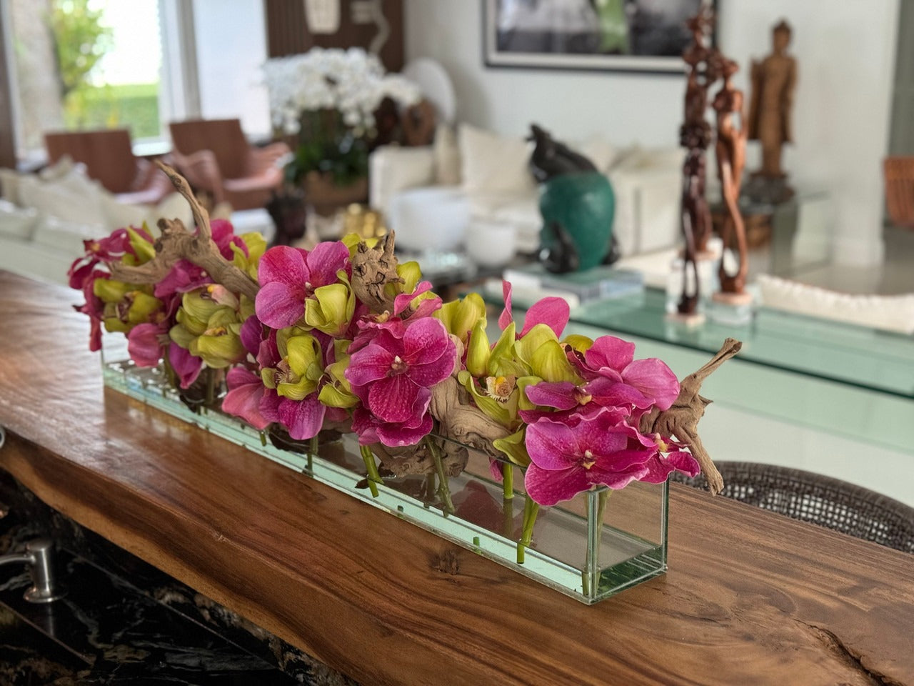 Casa Moderna Glass Planter With Pink Vandas And Green Cymbidiums