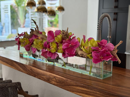 Casa Moderna Glass Planter With Pink Vandas And Green Cymbidiums