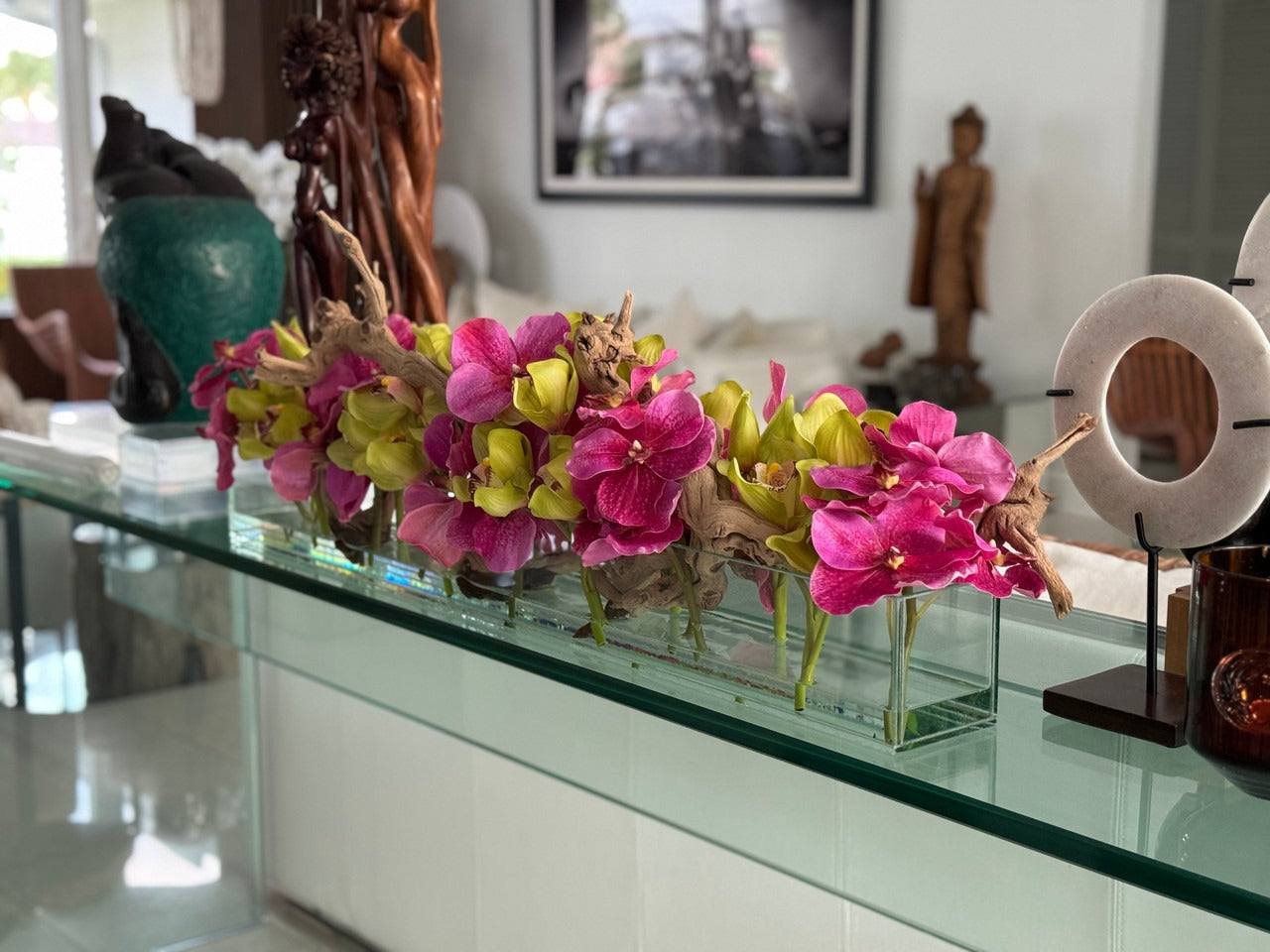 Casa Moderna Glass Planter With Pink Vandas And Green Cymbidiums