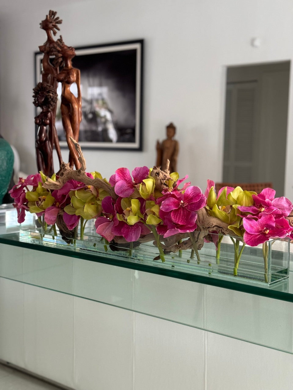 Casa Moderna Glass Planter With Pink Vandas And Green Cymbidiums