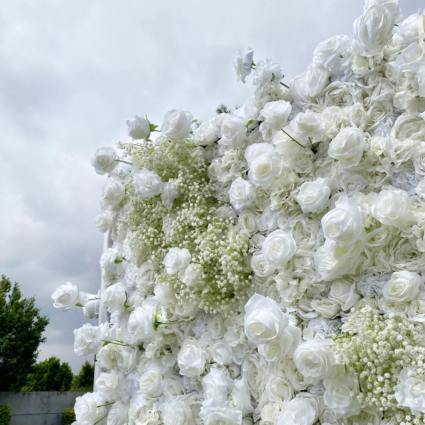 Elegant White & Green Flower Wall Backdrop - Roll-Up Fabric Wall - Bridal Party Decor - Wedding Venues Celebration Floral Wall-VF-340-2