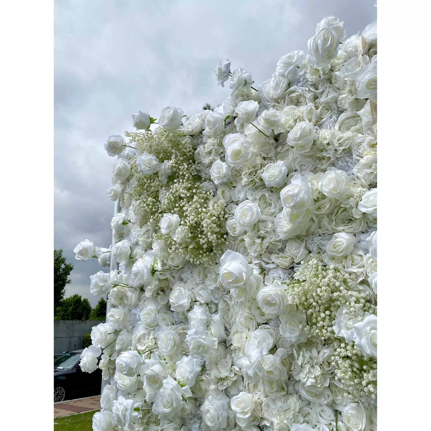 Elegant White & Green Flower Wall Backdrop - Roll-Up Fabric Wall - Bridal Party Decor - Wedding Venues Celebration Floral Wall-VF-340-2