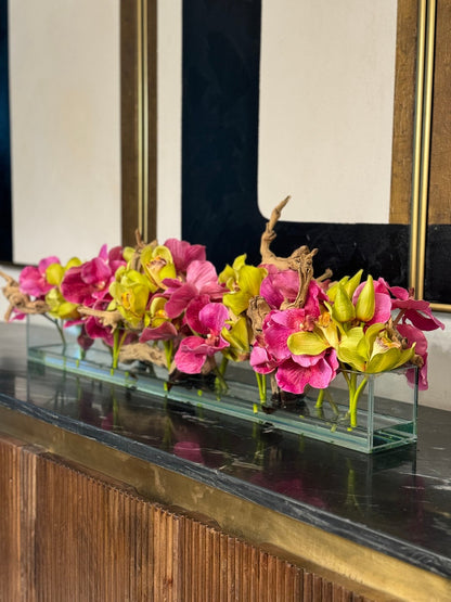 Casa Moderna Glass Planter With Pink Vandas And Green Cymbidiums