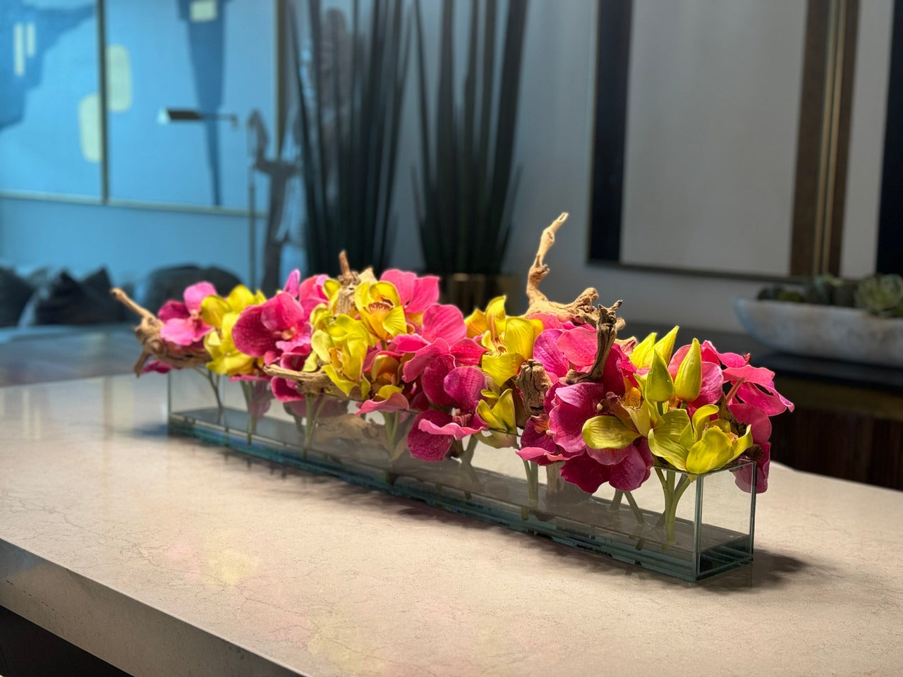 Casa Moderna Glass Planter With Pink Vandas And Green Cymbidiums