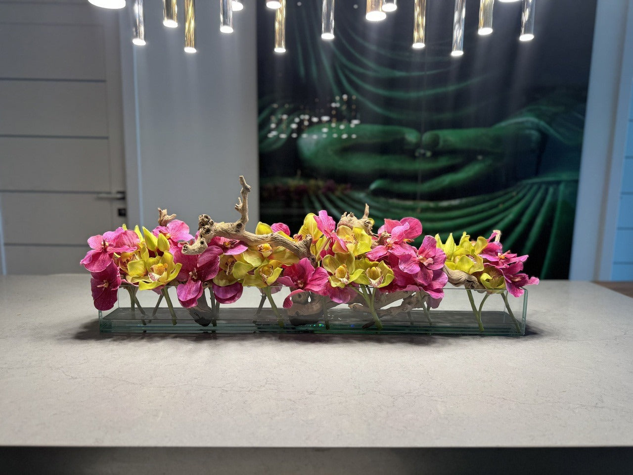 Casa Moderna Glass Planter With Pink Vandas And Green Cymbidiums