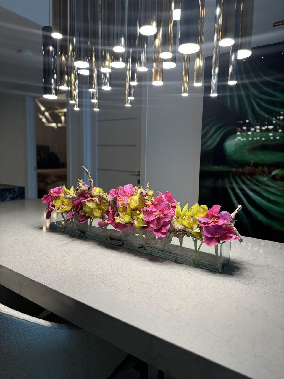 Casa Moderna Glass Planter With Pink Vandas And Green Cymbidiums