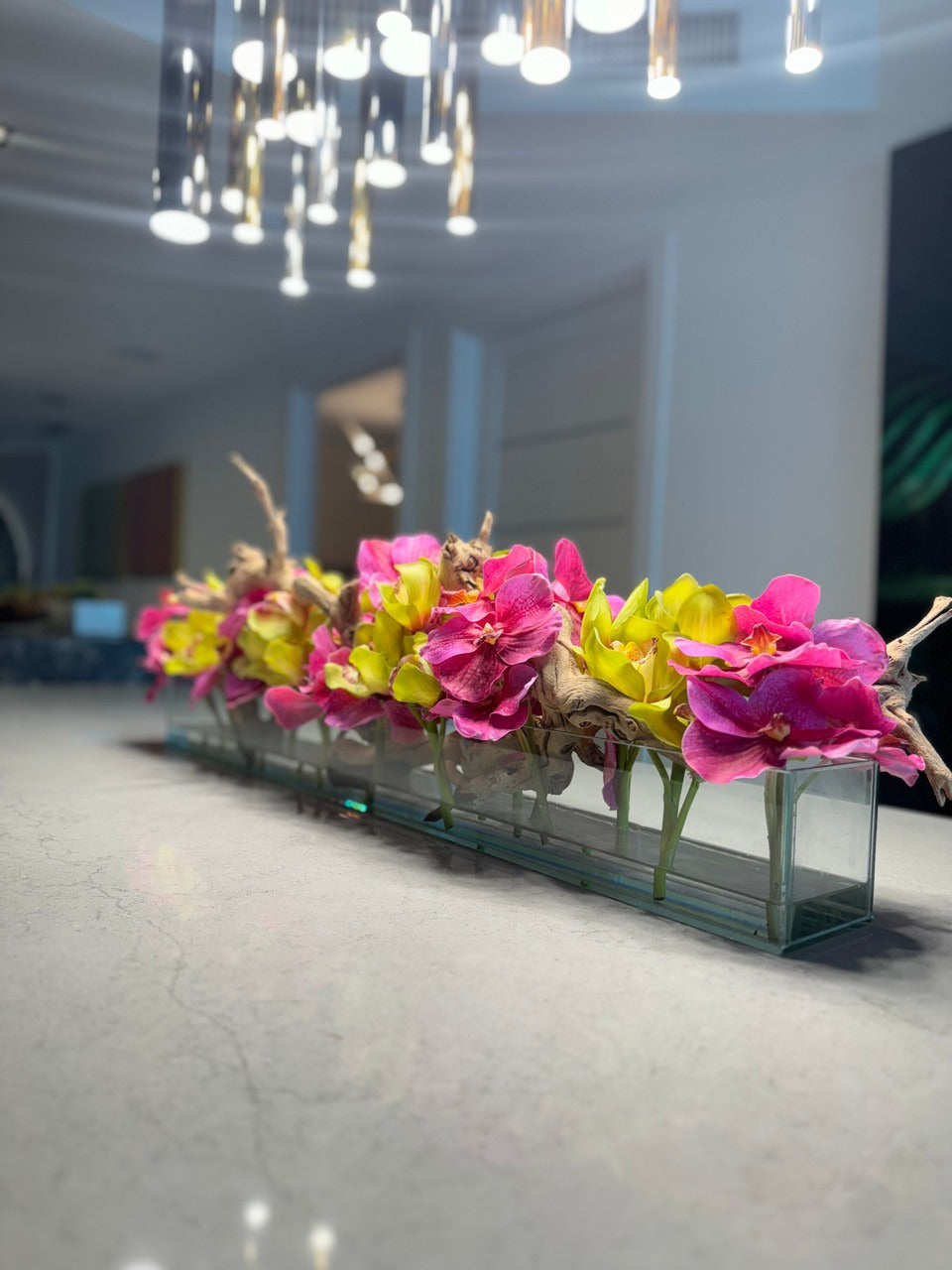 Casa Moderna Glass Planter With Pink Vandas And Green Cymbidiums