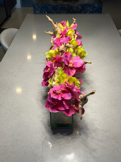 Casa Moderna Glass Planter With Pink Vandas And Green Cymbidiums