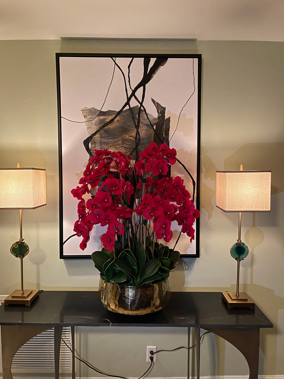 Red Phalaenopsis Orchids Floral Arrangement in Large Gold Planter