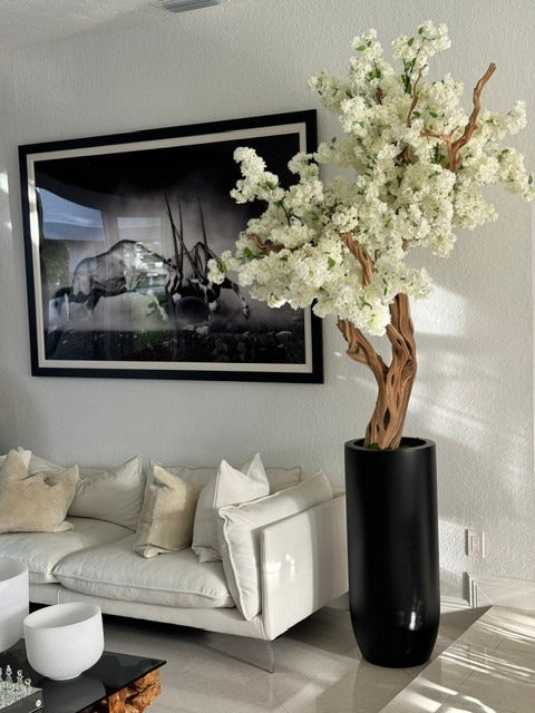 Matte Black St. Tropez Planter with Custom Made White Cherry Blossom Tree