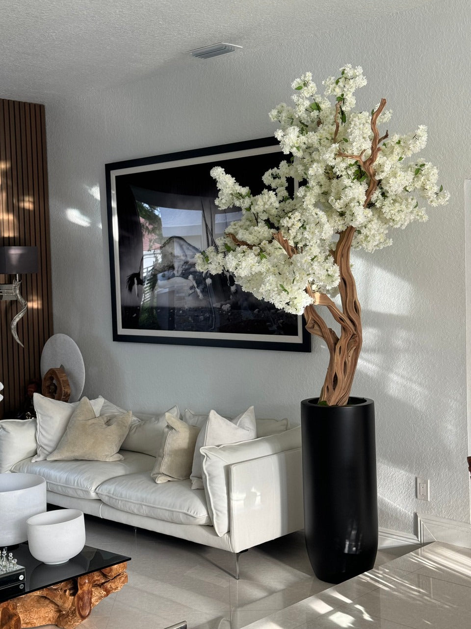 Matte Black St. Tropez Planter with Custom Made White Cherry Blossom Tree