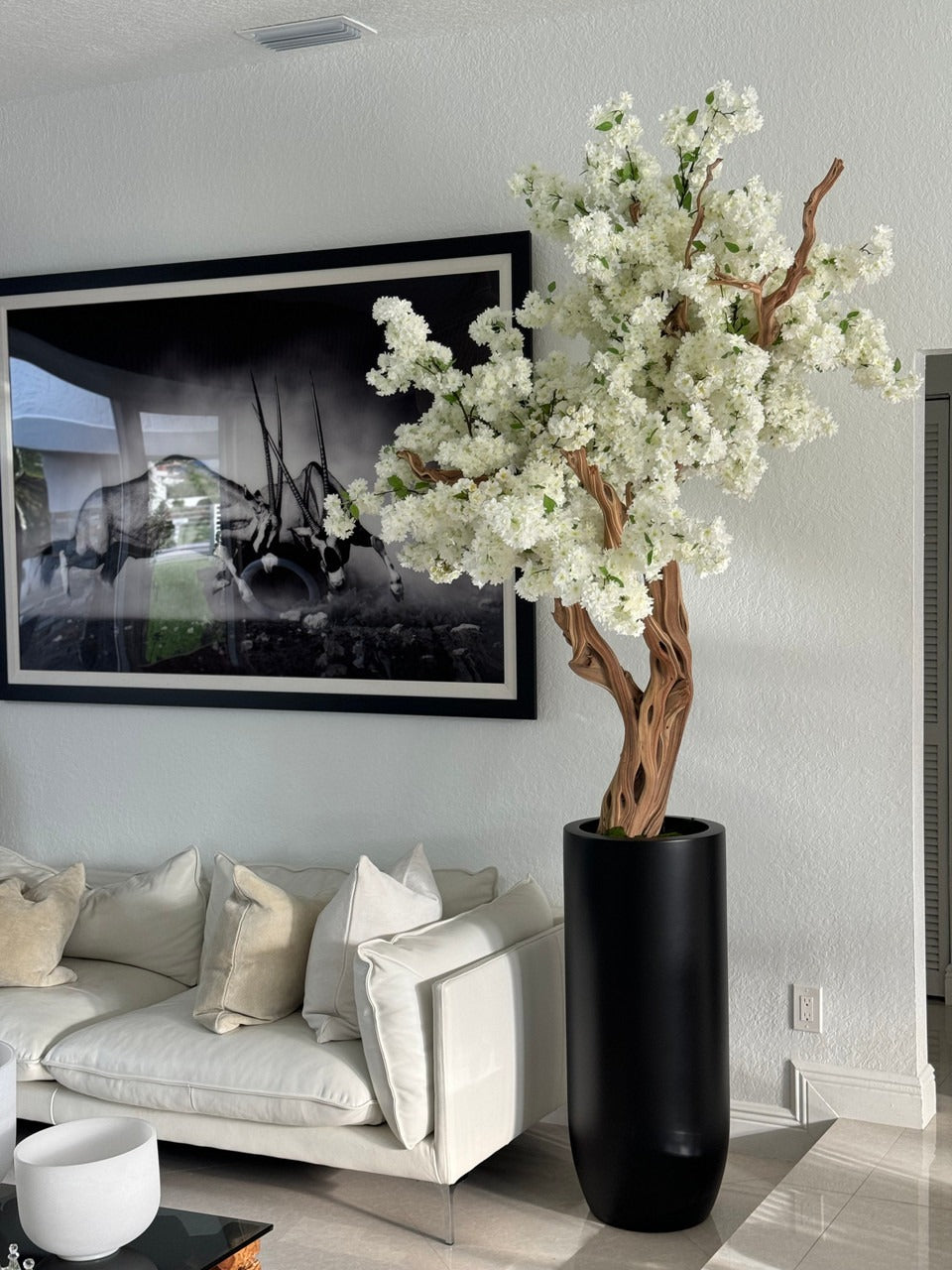 Matte Black St. Tropez Planter with Custom Made White Cherry Blossom Tree