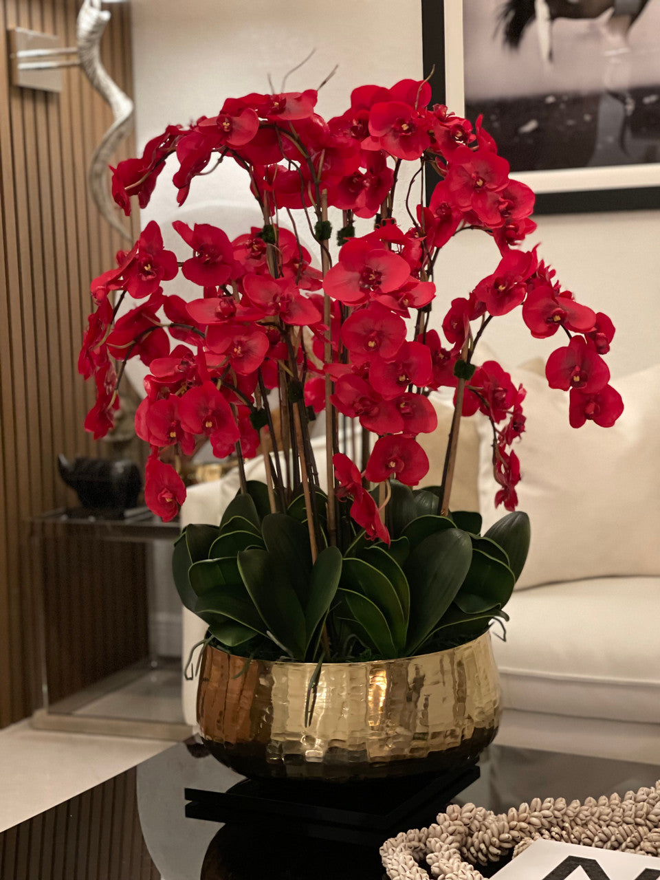 Red Phalaenopsis Orchids Floral Arrangement in Large Gold Planter