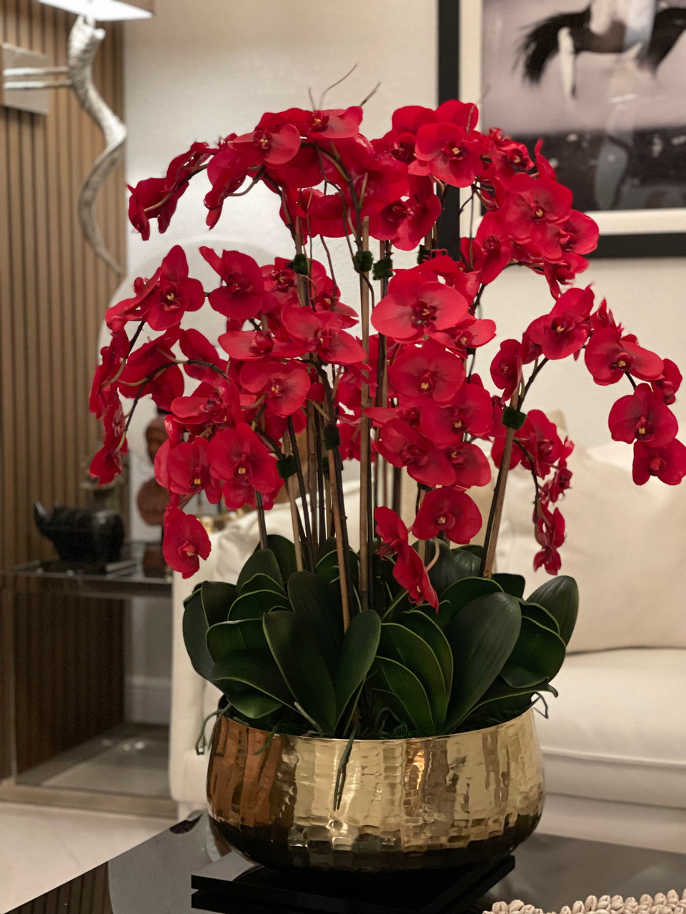 Red Phalaenopsis Orchids Floral Arrangement in Large Gold Planter